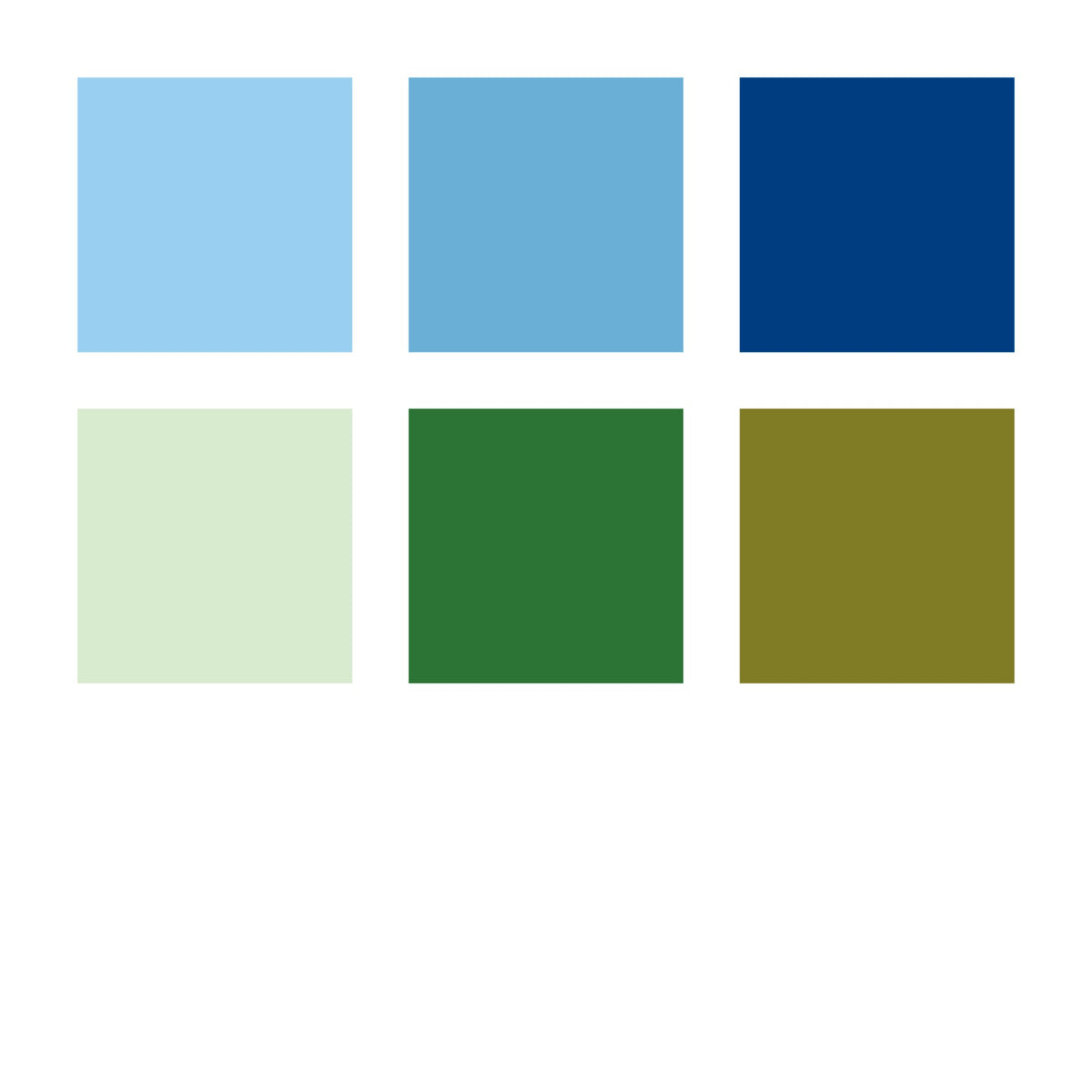Six colour swatches for Blues and Greens: light blue, mid blue and navy on top, pastel green, green and olive underneath