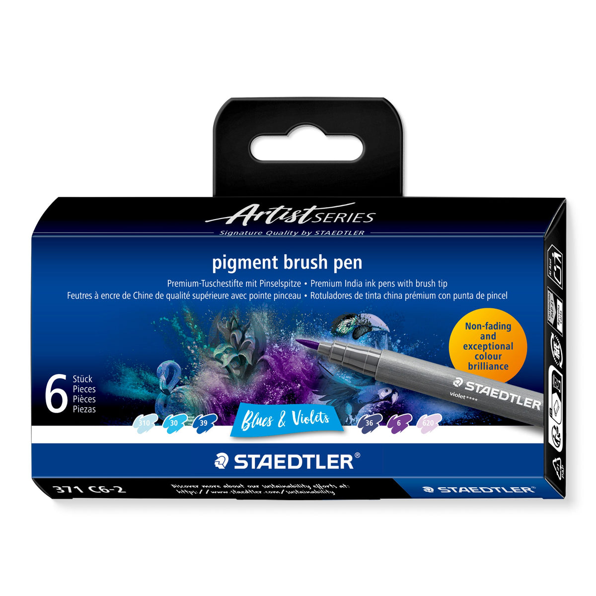 Staedtler pigment brush pen 371 C6-2 Blues and Violets hanging box in the Artist Series design with a violet pen and swatches 310, 30, 39, 36, 6 and 620