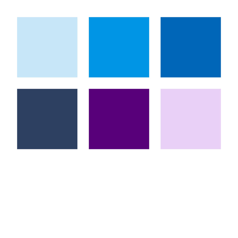 Six colour swatches for Blues and Violets: ice blue, bright blue and mid blue on top, dark navy, violet and pale lavender underneath