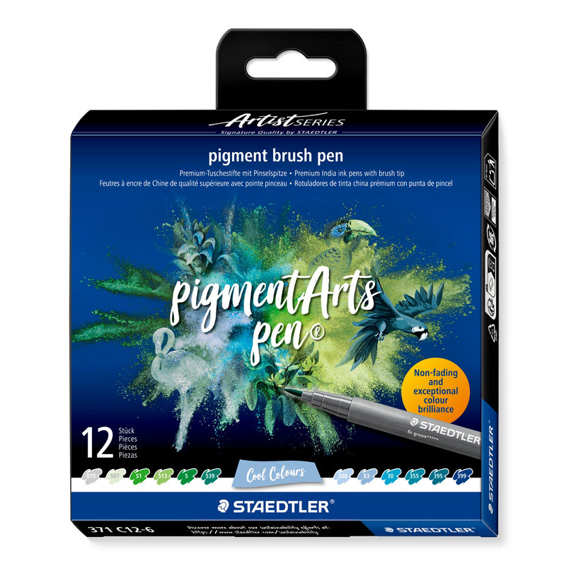 Staedtler pigment brush pen 371 C12-6 Cool Colours hanging box in the Artist Series design with the number 12, a green pen and twelve green and blue swatches