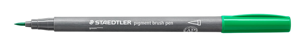 Staedtler 371-5 pigment brush pen in green shown open on white, grey barrel with a green end and the pointed brush nib exposed