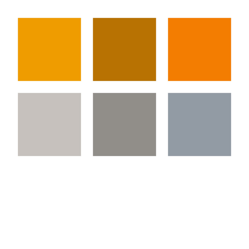 Six colour swatches from the 371 C6-4 box: golden ochre, umber and sienna raw on top, warm grey light, warm grey medium and cool grey medium below