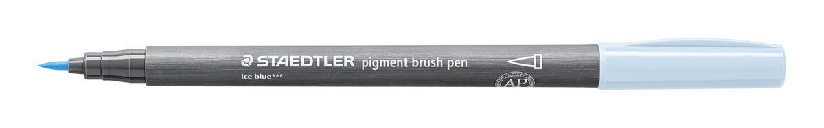Staedtler 371-310 pigment brush pen in ice blue shown open on white, grey barrel with a ice blue end and the pointed brush nib exposed