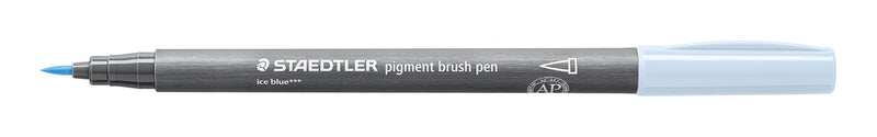 Staedtler 371-310 pigment brush pen in ice blue shown open on white, grey barrel with a ice blue end and the pointed brush nib exposed