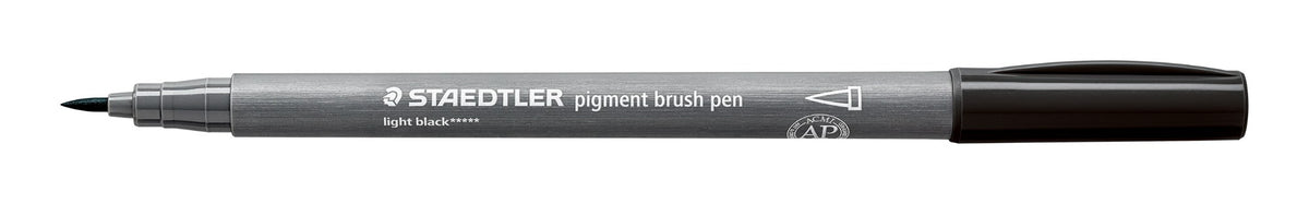 Staedtler 371-90 pigment brush pen in light black shown open on white, grey barrel with a light black end and the pointed brush nib exposed