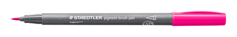 Staedtler 371-20 pigment brush pen in magenta lying open on white, grey barrel, magenta cap posted on the end and the pointed brush nib at left