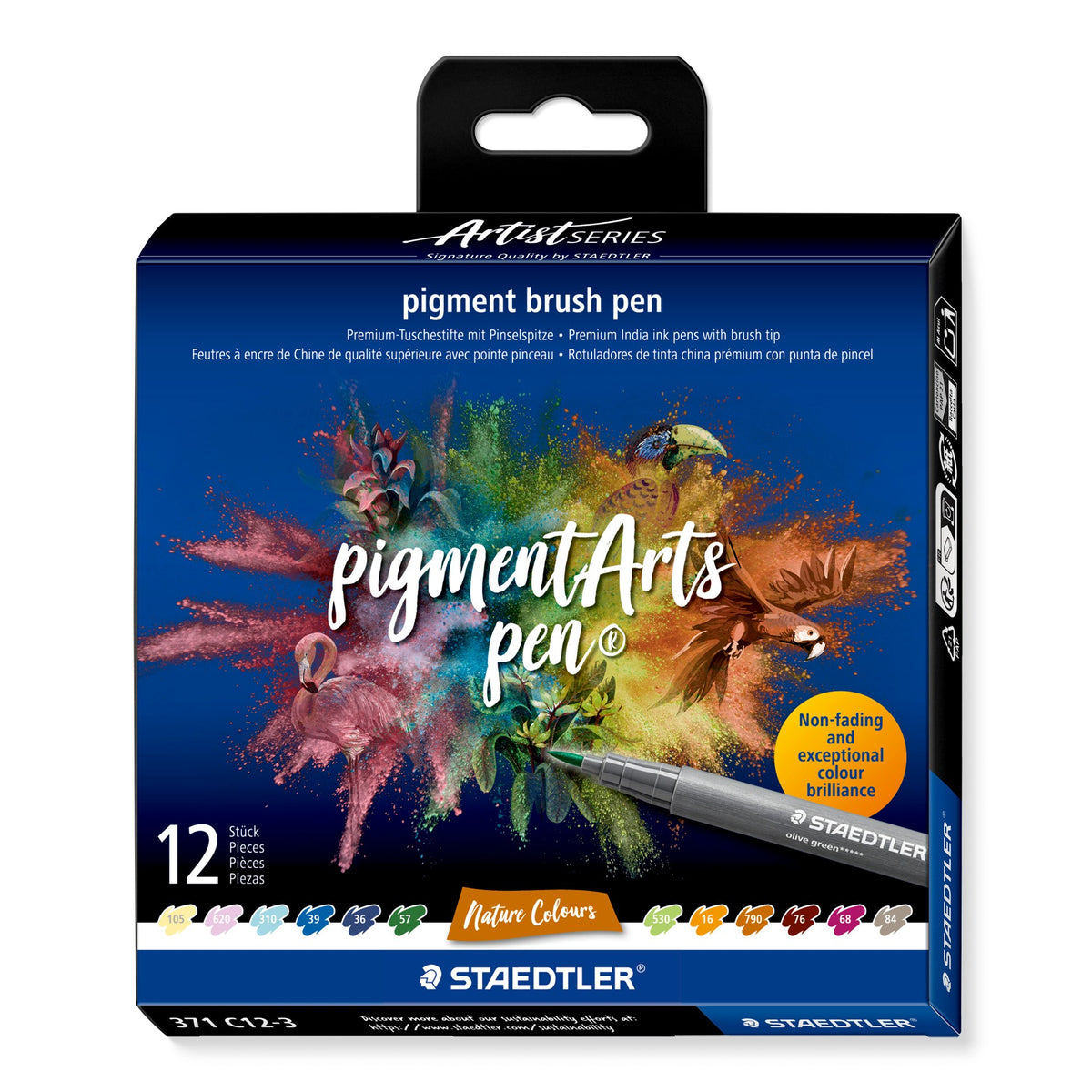 Staedtler Artist Series box of 12 pigment brush pens, Nature Colours, with a flamingo, toucan and parrot on a dark blue cover and twelve colour chips along the base