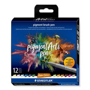 Staedtler Artist Series box of 12 pigment brush pens, Nature Colours, with a flamingo, toucan and parrot on a dark blue cover and twelve colour chips along the base