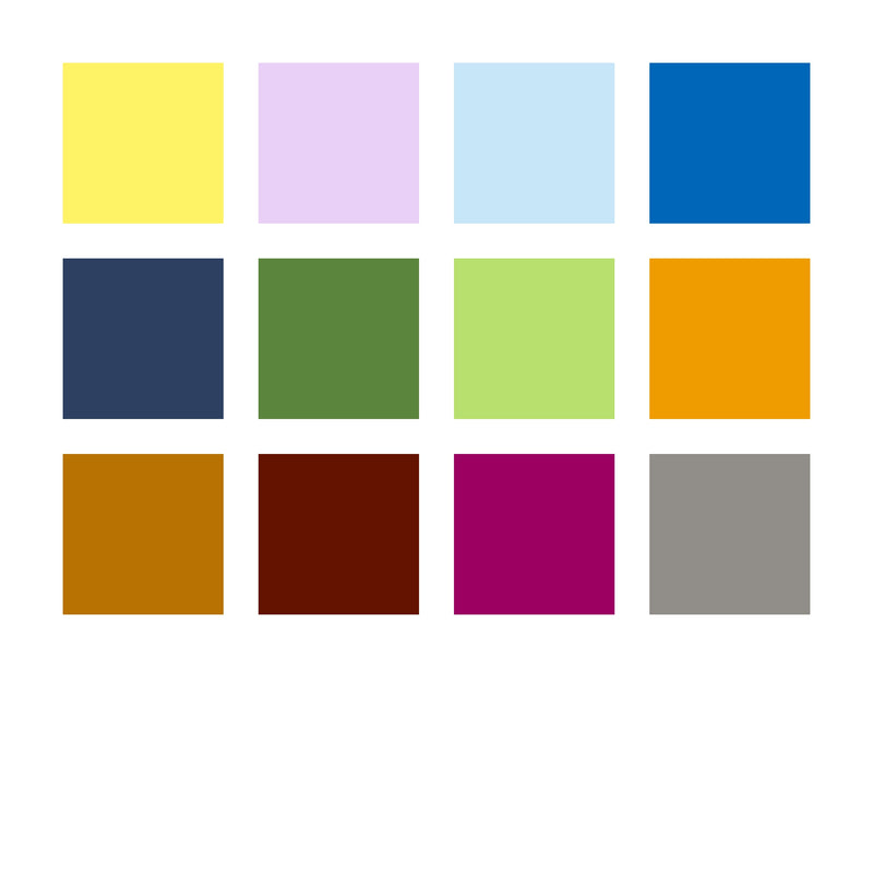 Twelve colour chips for the Nature Colours set: pastel yellow, lavender, ice blue, pacific blue, indigo, olive, lime, ochre, umber, brown, plum and warm grey