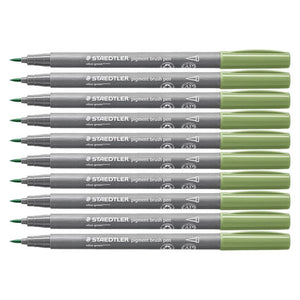 Ten Staedtler pigment brush pens in olive green stacked side by side, grey barrels with white Staedtler print and olive green caps, brush tips pointing left
