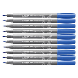 Ten Staedtler pigment brush pens in pacific blue stacked side by side, grey barrels with white Staedtler print and pacific blue caps, brush tips pointing left