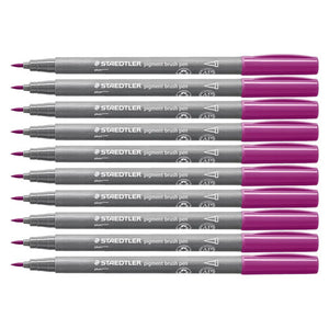 Ten Staedtler pigment brush pens in 68 plum stacked in a row, grey barrels with berry purple caps and brush tips facing left