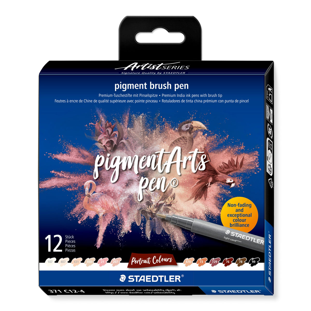 Staedtler Artist Series box of 12 pigment brush pens 371 C12-4 Portrait Colours, flamingo and parrot artwork with twelve colour chips along the front
