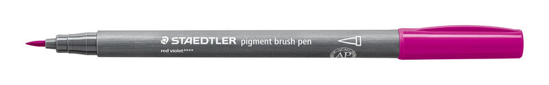 Staedtler 371-61 red violet pigment brush pen open on white, grey printed barrel, red violet end cap and a finely pointed brush tip