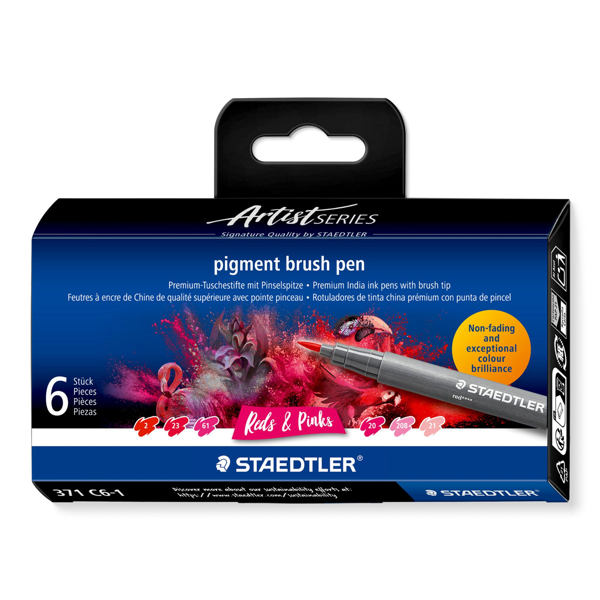 Staedtler Artist Series box of six pigment brush pens, Reds and Pinks, with flamingo and parrot artwork and six red to pink swatches numbered on the front
