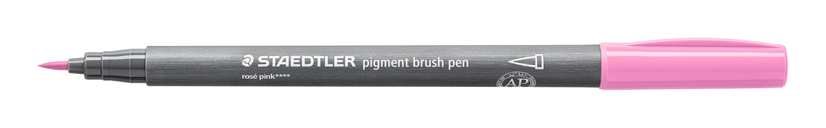 Staedtler 371-208 rosé pink pigment brush pen with the cap removed, grey barrel printed in white, pink end and a pointed brush nib