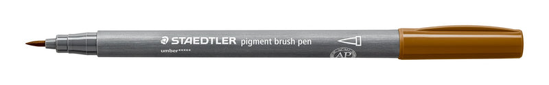 Staedtler 371-790 pigment brush pen side on, grey barrel printed pigment brush pen and umber, with the umber cap posted on the end