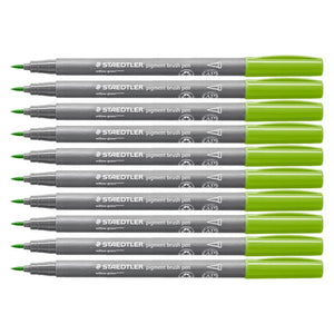Ten Staedtler pigment brush pens in 51 willow green side by side, bright yellow green caps on grey barrels, tips to the left