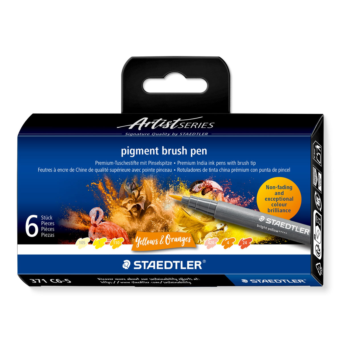 Staedtler Artist Series box of 6 pigment brush pens 371 C6-5 Yellows and Oranges, orange splash artwork and six colour chips on the front