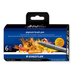 Staedtler Artist Series box of 6 pigment brush pens 371 C6-5 Yellows and Oranges, orange splash artwork and six colour chips on the front