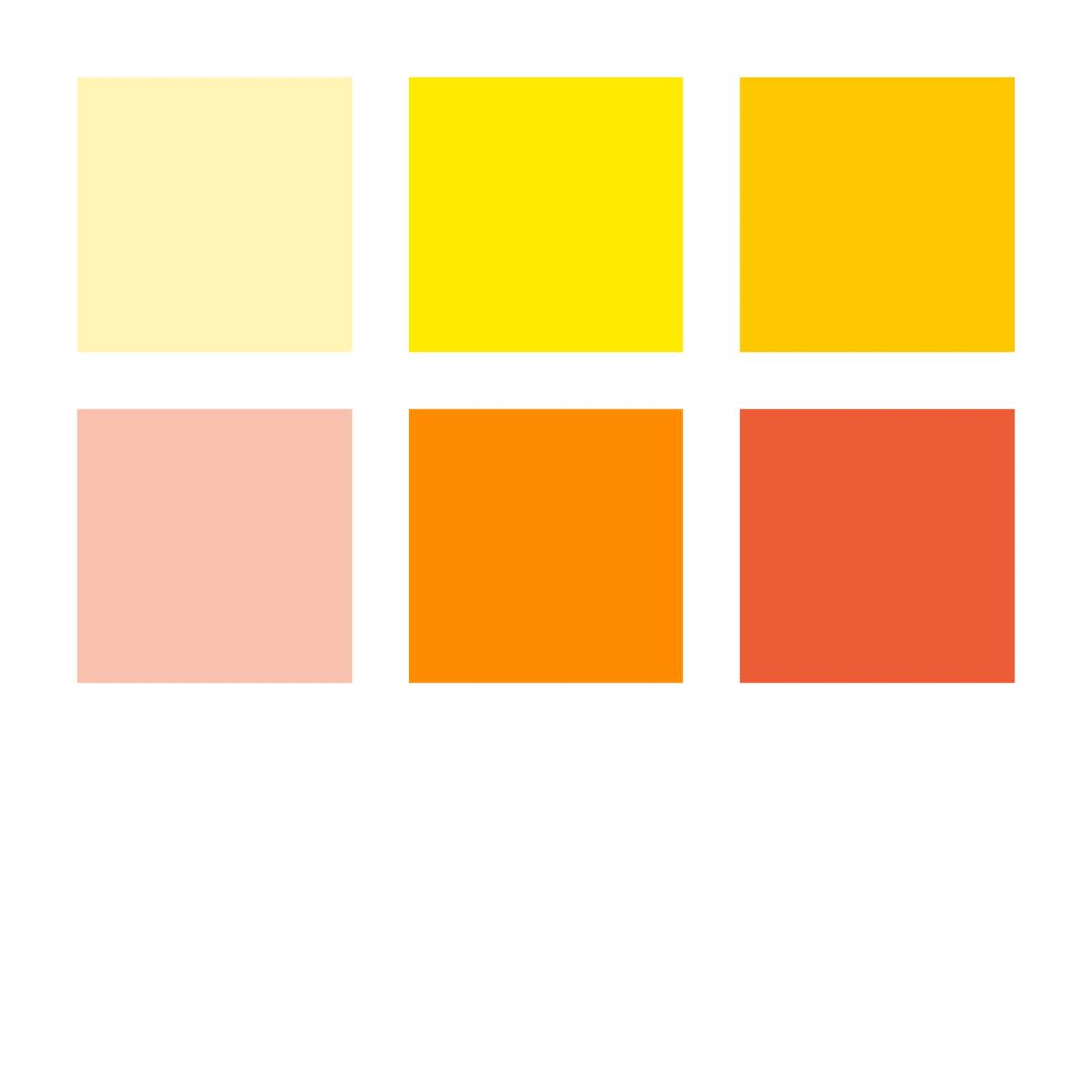 Six colour swatches from the C6-5 box: pastel yellow, bright yellow and yellow on top, coral, orange and scarlet red below