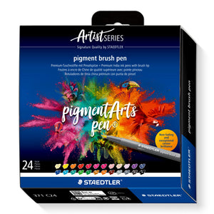 Staedtler Artist Series box of 24 pigment brush pens 371 C24, colour splash artwork with a toucan, and 24 colour chips along the bottom
