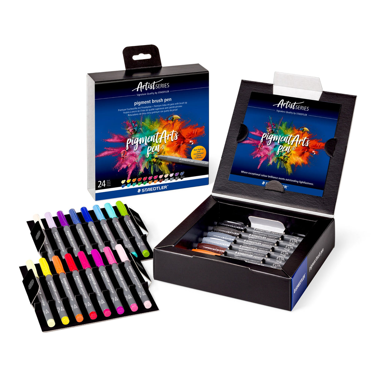 Staedtler 371 C24 closed box beside an opened black presentation box, the 24 pigment brush pens held in two fold-out rows