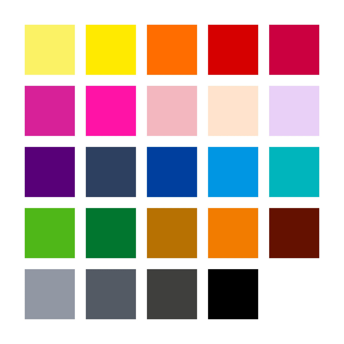 Colour chart of the 24 shades in the 371 C24 box, from pastel yellow and yellow through reds, violets and blues to greens, browns, greys and black