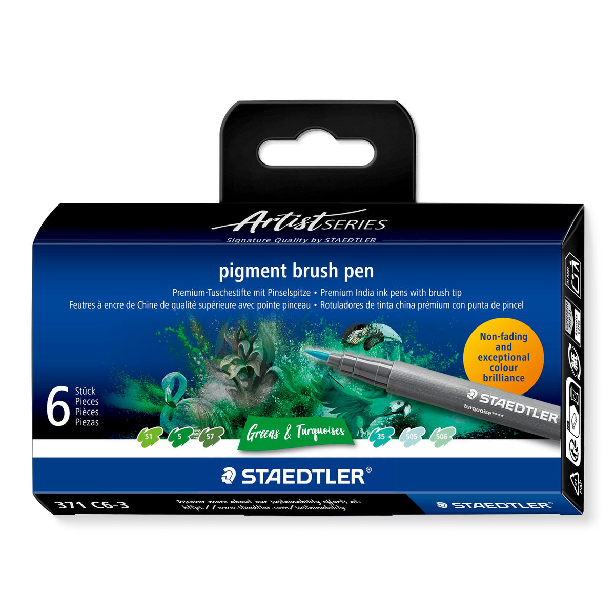 Staedtler Artist Series box of 6 pigment brush pens 371 C6-3 Greens and Turquoises, green splash artwork and six colour chips across the base