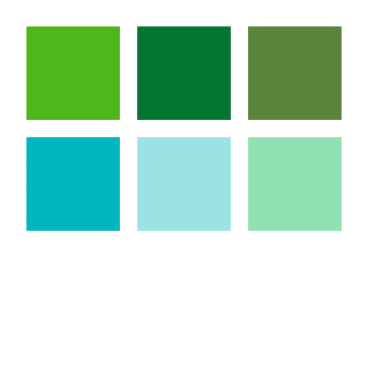 Six swatches from the 371 C6-3 box: willow green, green and olive green on the top row, turquoise, light turquoise and mint below