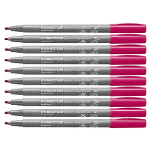 Ten Staedtler 375 calligraphy pens in bordeaux side by side, deep pinkish red caps and grey barrels with chisel tips at left