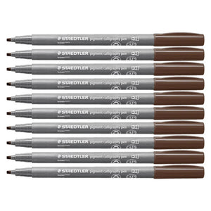 Ten Staedtler 375 pigment calligraphy pens in brown, chocolate brown caps on grey barrels lined up with chisel tips to the left
