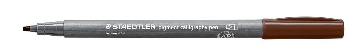 Staedtler 375-76 calligraphy pen uncapped, barrel printed brown, brown cap posted on the back and chisel nib at left