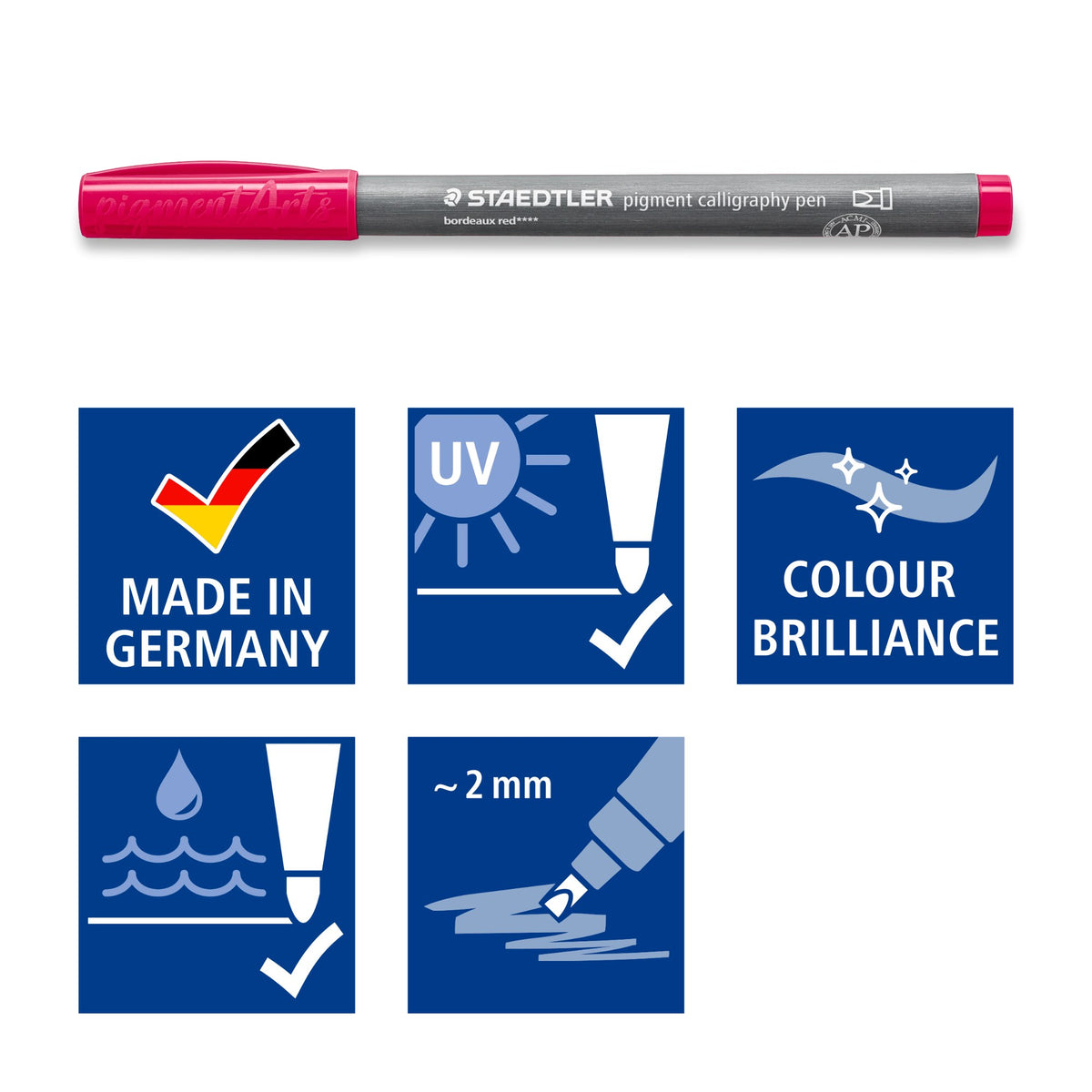 Bordeaux red Staedtler 375 pen above icons for made in Germany, UV lightfastness, colour brilliance, waterproof ink and an approx 2 mm calligraphy tip