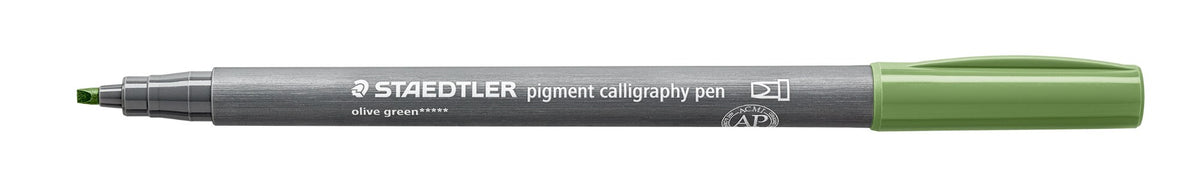 Staedtler 375-57 calligraphy pen lying side on, barrel printed STAEDTLER pigment calligraphy pen and olive green, green cap posted