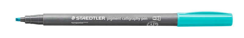 One Staedtler 375-35 pen seen side on, grey barrel printed pigment calligraphy pen and turquoise, turquoise cap on the end