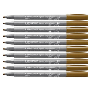 Ten Staedtler pigment calligraphy pens in umber lined up, grey barrels and dark brown caps, chisel tips on the left