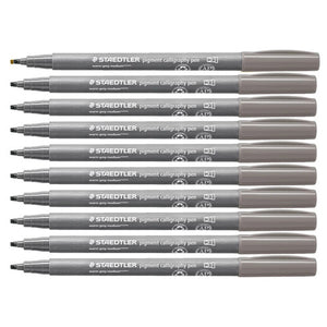 Ten warm grey medium Staedtler calligraphy pens in a neat row, grey barrels, mid grey caps, chisel tips pointing left