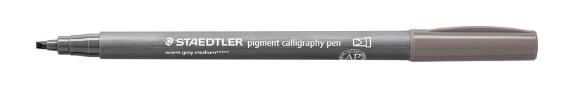 Staedtler 375-84 lying flat with its cap posted, barrel printed STAEDTLER pigment calligraphy pen and warm grey medium