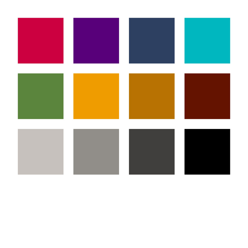 Colour chart for the 375 C12 set in three rows: bordeaux, violet, indigo, turquoise, olive, golden ochre, two browns, two warm greys and two blacks