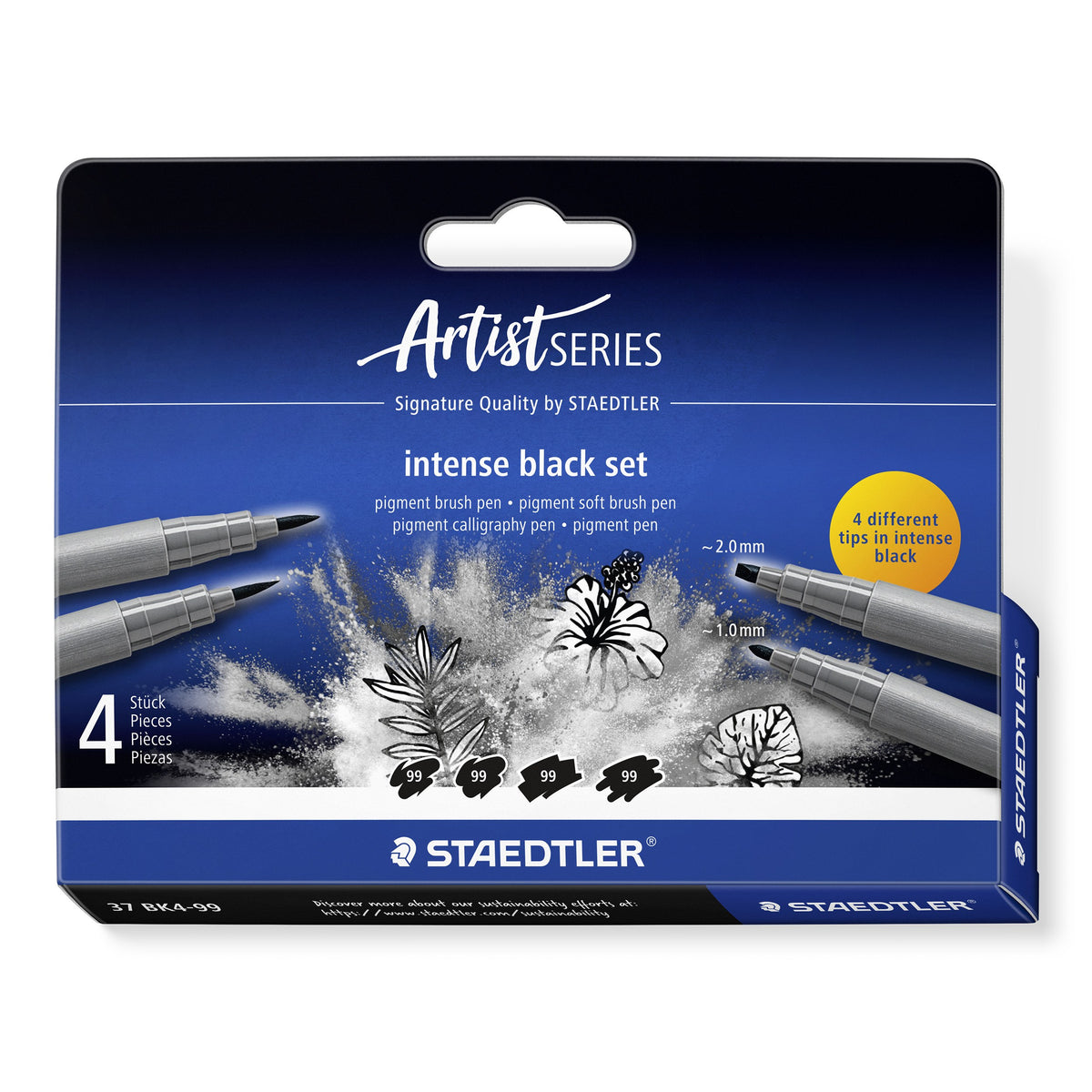 Staedtler Artist Series intense black set hanging pack of 4: pigment brush pen, soft brush pen, calligraphy pen and pigment pen with black floral art