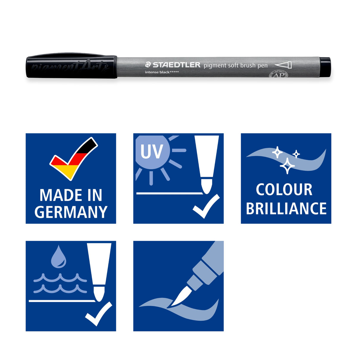 Black Staedtler 372 soft brush pen above icons for made in Germany, UV lightfastness, colour brilliance, waterproof ink and a soft brush tip