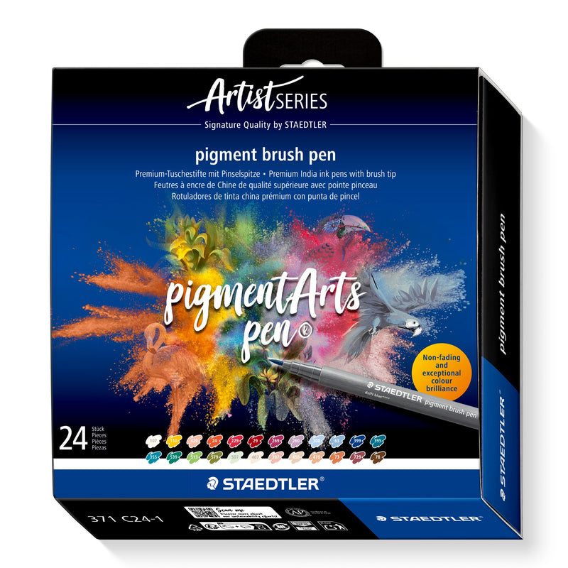 Staedtler Artist Series pigment brush pen box of 24 with a dark blue front, a colour burst with a toucan, and a row of 24 swatches in sands, reds, blues and greens