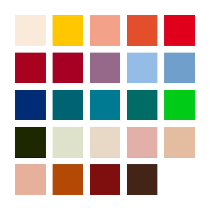 Twenty four colour squares for 371 C24-1 running from ivory and yellow through reds, mauve, blues, teals, greens and sands to dark brown