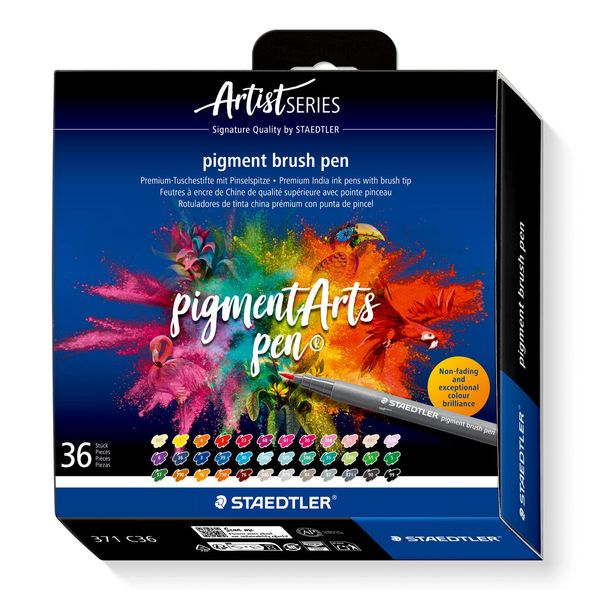 Staedtler Artist Series pigment brush pen box of 36 with a colour burst and toucan on the dark blue front and three rows of numbered colour swatches