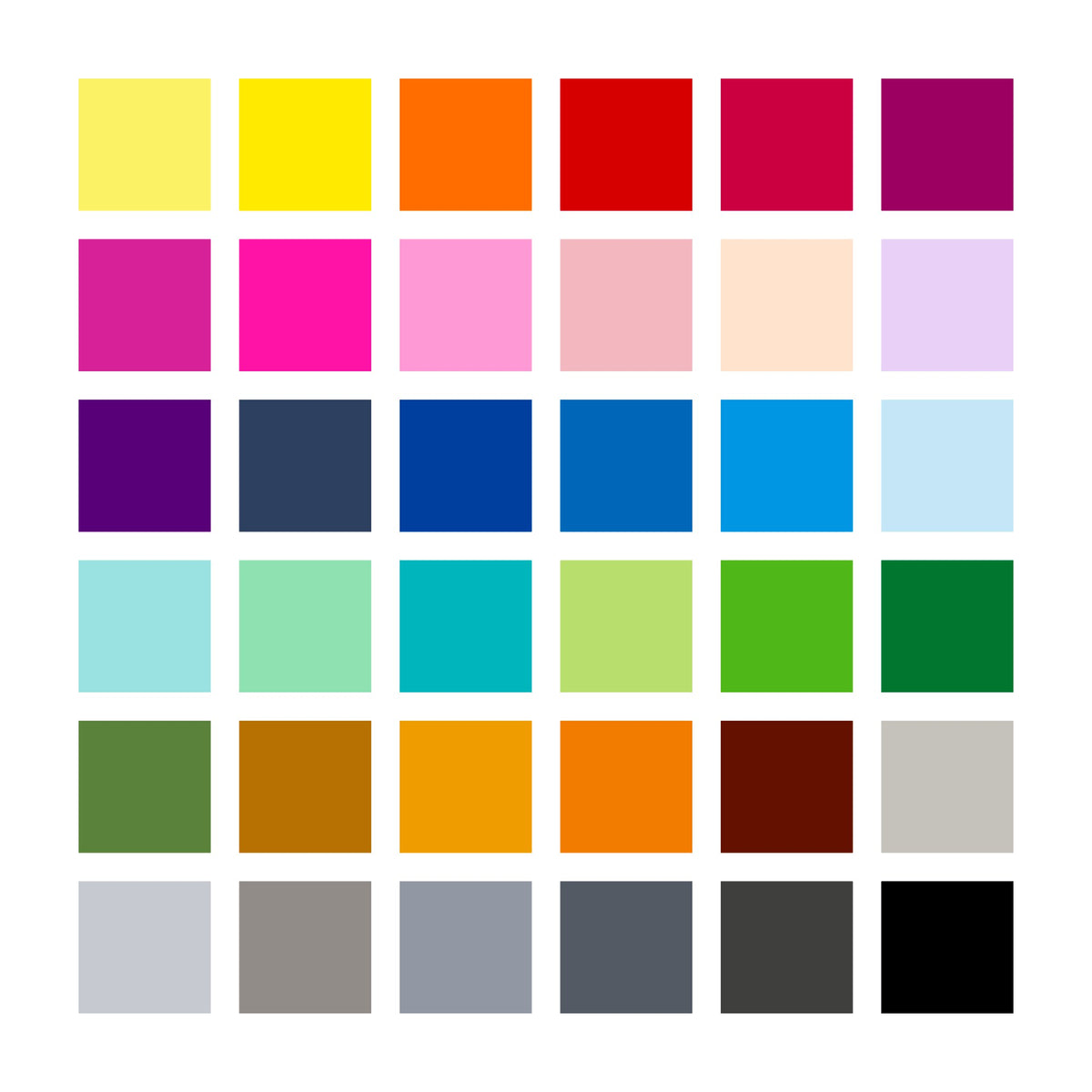 Chart of 36 colour squares for 371 C36 in rows of yellows, pinks, purples, blues, greens, earth tones and six greys to black