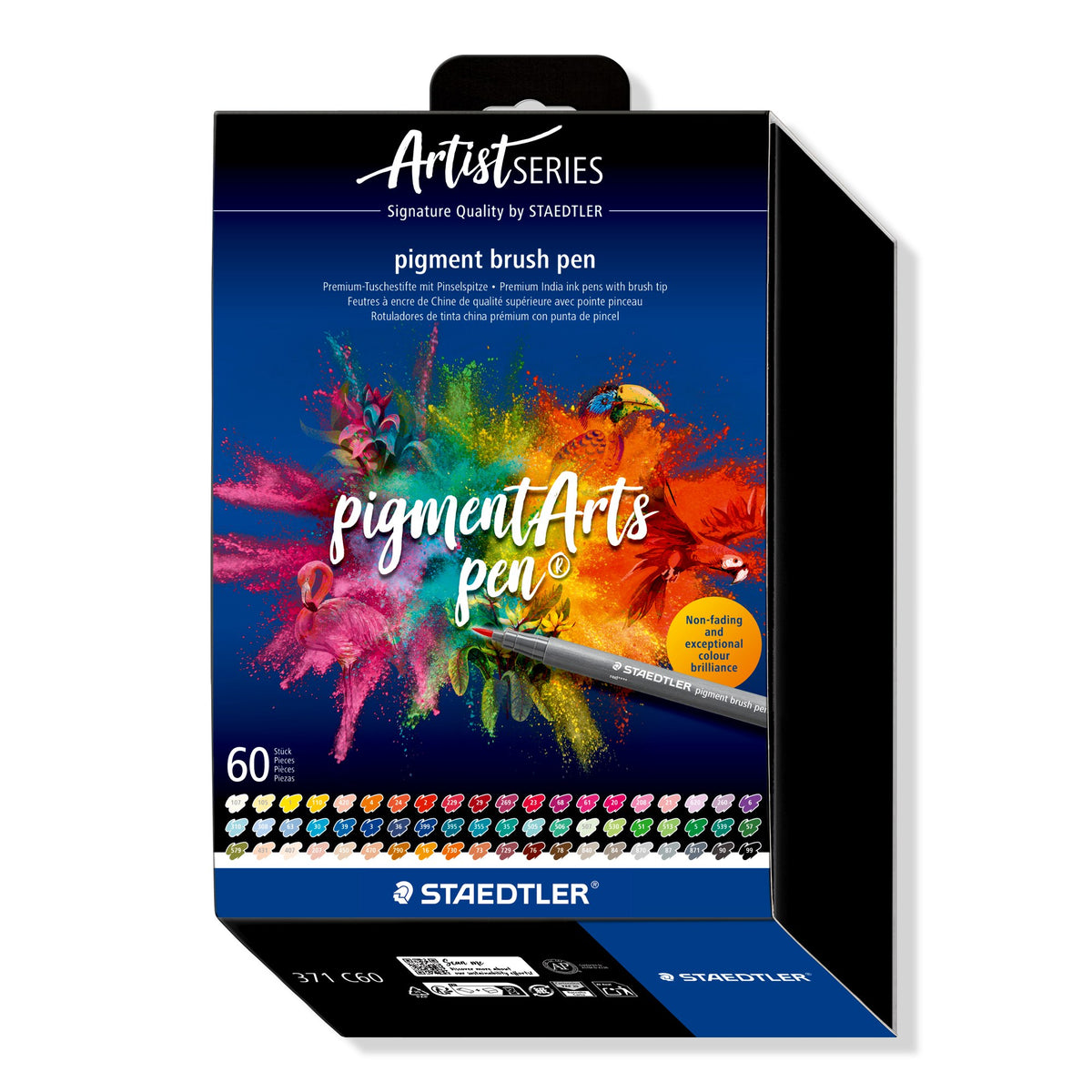 Staedtler Artist Series pigment brush pen box of 60, dark blue with a pigment burst and toucan artwork and four rows of numbered colour swatches along the base