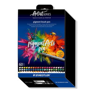 Staedtler Artist Series pigment brush pen box of 60, dark blue with a pigment burst and toucan artwork and four rows of numbered colour swatches along the base