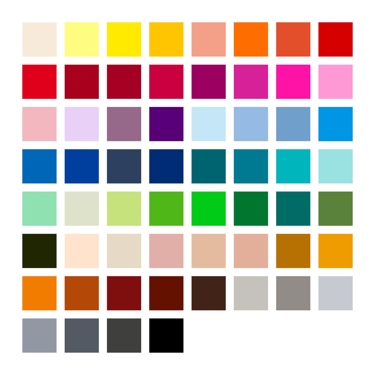 Sixty colour squares for 371 C60 in rows from ivory and yellows through reds, pinks, violets, blues, greens and sands to greys and black