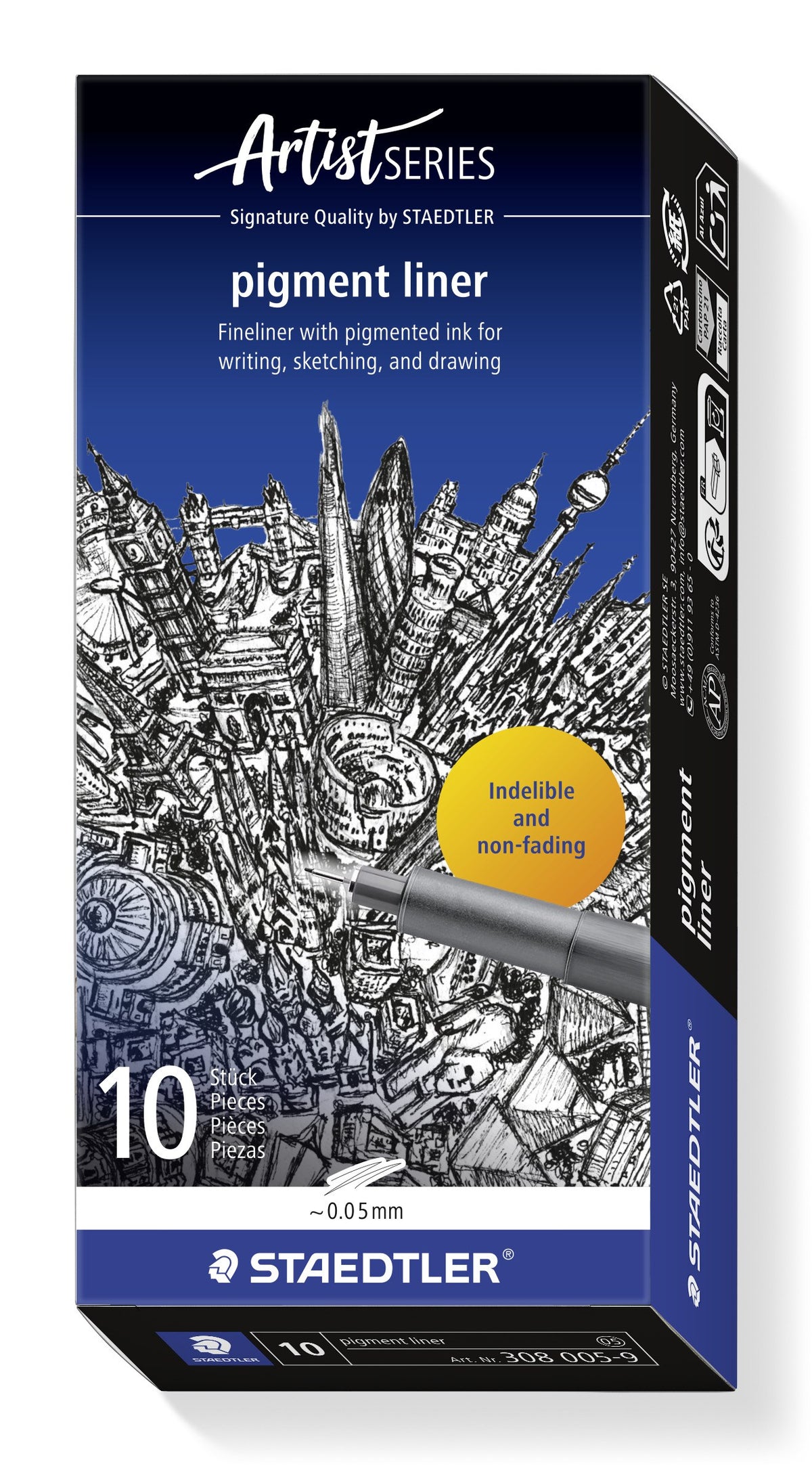 Staedtler Artist Series pigment liner box of 10 printed 10 Pieces and approx 0.05 mm, city sketch artwork on the front